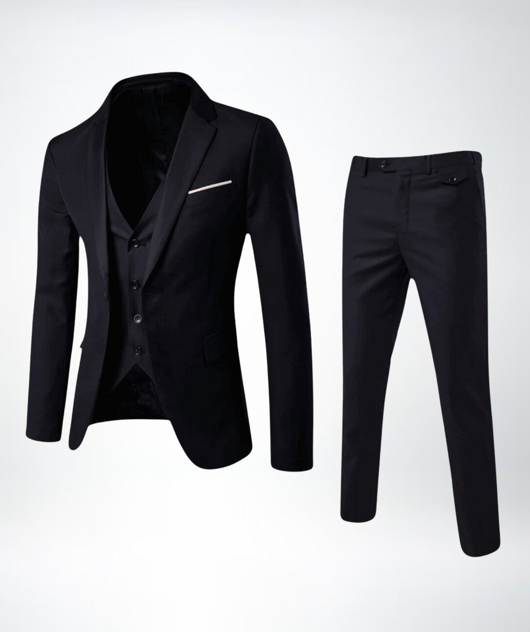 Elegant men's three-piece suit showcasing premium fabric and classic design details.