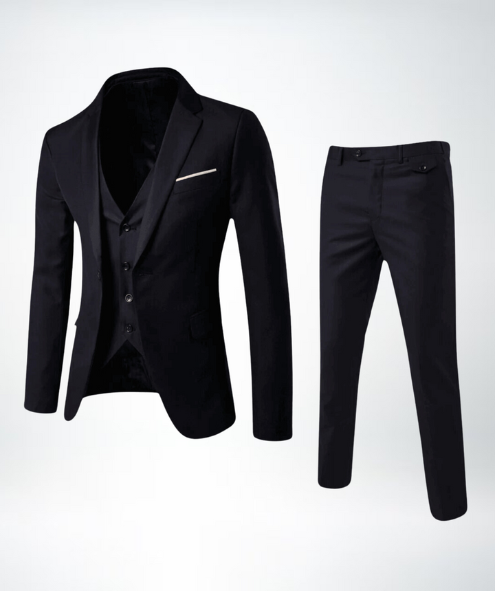 Elegant men's three-piece suit showcasing premium fabric and classic design details.