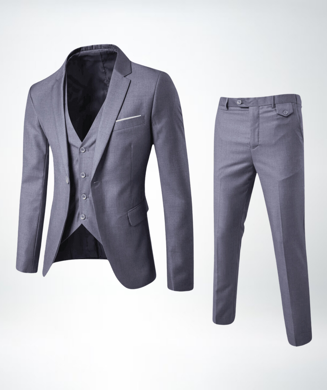 Stylish man in a classic three-piece suit, exuding confidence, ideal for weddings & special occasions.