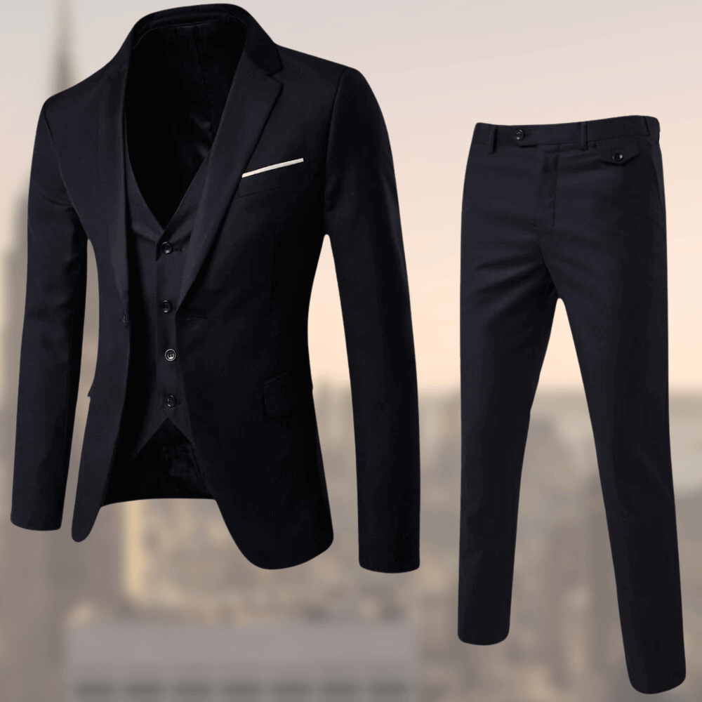 Full view of a men's three-piece suit with tailored pants, ensuring a sharp and comfortable formal look.