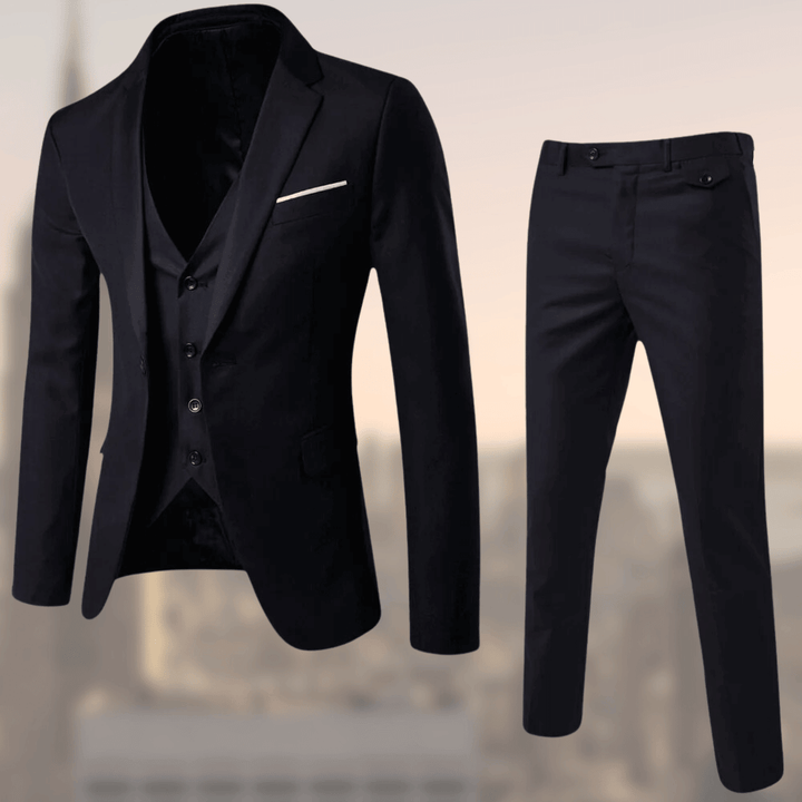 Full view of a men's three-piece suit with tailored pants, ensuring a sharp and comfortable formal look.