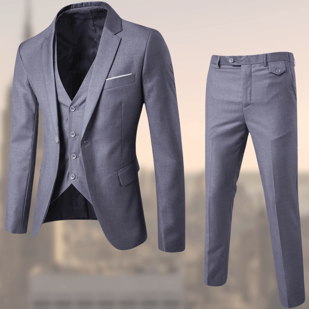 Sophisticated men's three-piece formal suit, perfect for business meetings and elegant wedding attire.