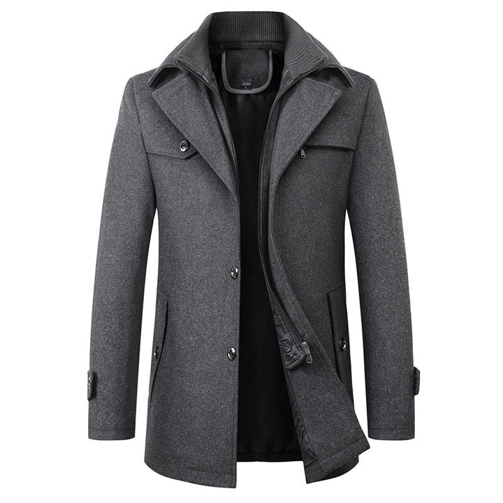 Men's classic trench coat in sophisticated long overcoat style. Perfect for elegant winter and fall fashion.