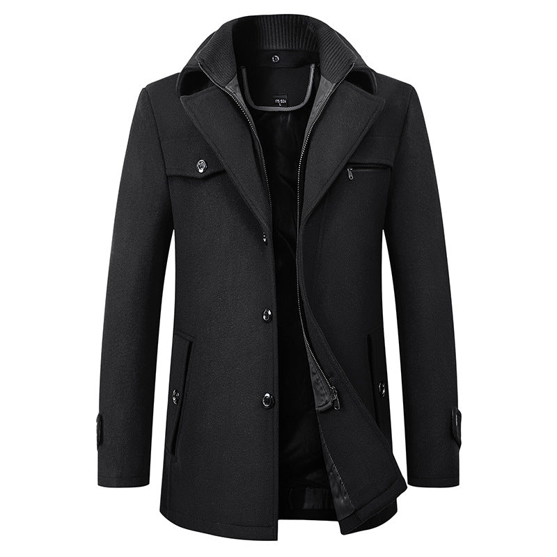 Sophisticated men's trench coat featuring a classic collar & button-front closure. Elegant long outerwear.