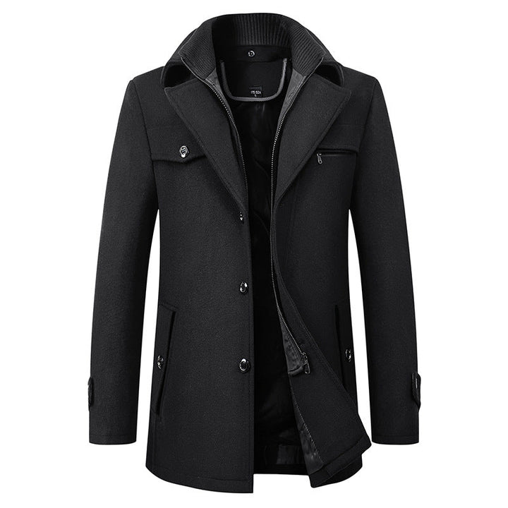 Sophisticated men's trench coat featuring a classic collar & button-front closure. Elegant long outerwear.