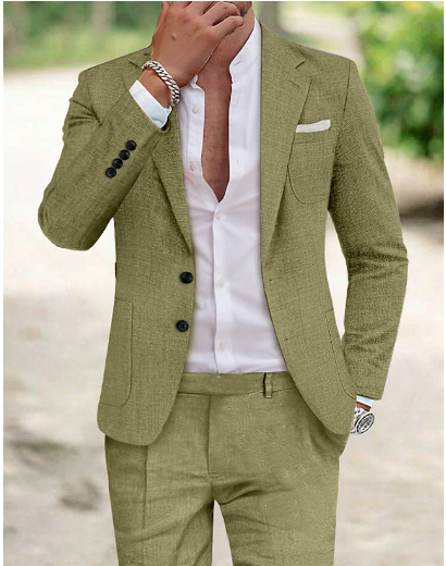 Men's classic two-button linen suit for versatile styling. Perfect for formal events or a sharp casual look.