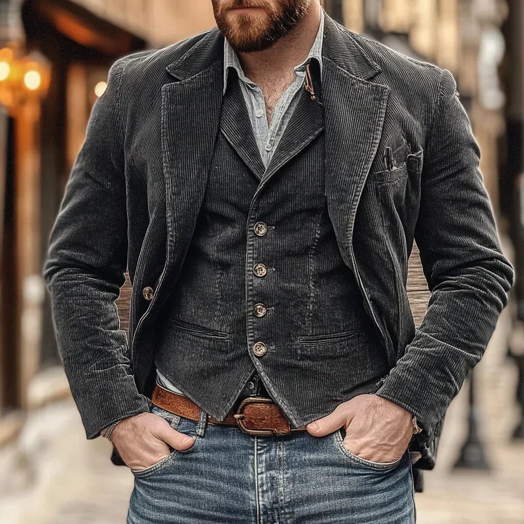 Elegant men's two-piece suit set featuring a blazer and waistcoat. Versatile smart casual or formal vintage menswear.