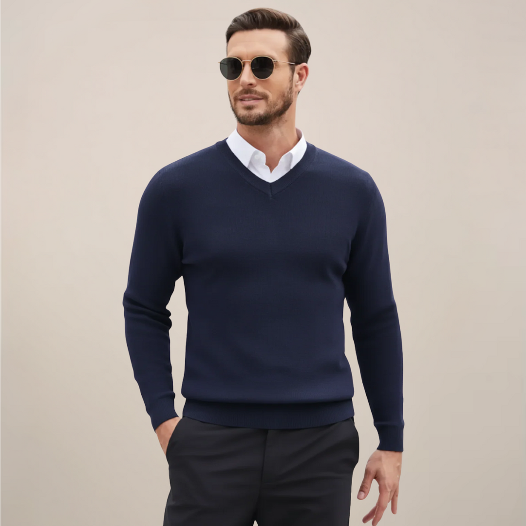 Men's classic V-neck knit sweater, perfect for casual or office wear. Effortless style for fall & winter layering.