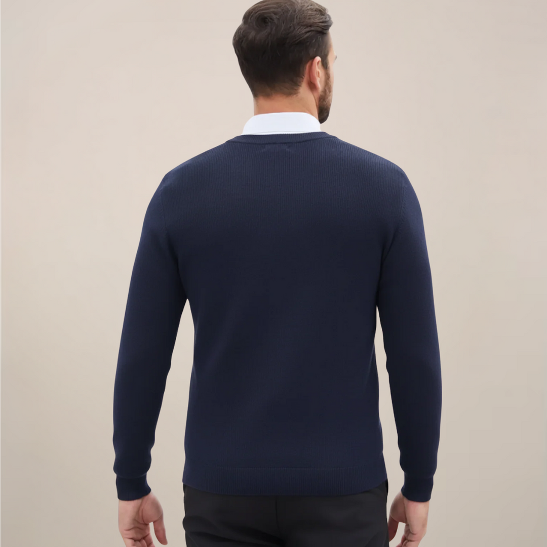 Warm men's long sleeve V-neck pullover sweater. Ideal classic knitwear for fall, winter, and effortless layering.