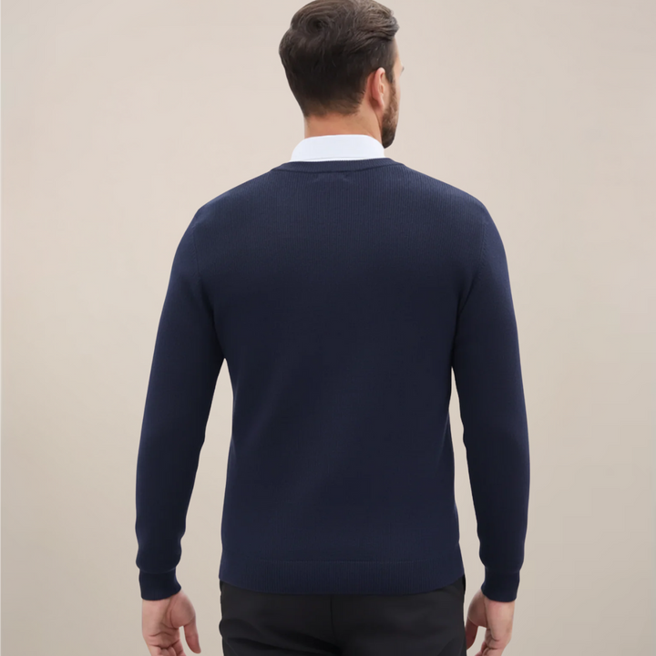 Warm men's long sleeve V-neck pullover sweater. Ideal classic knitwear for fall, winter, and effortless layering.