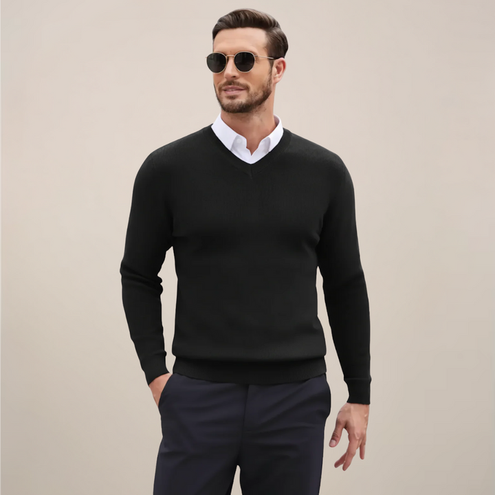 Versatile men's classic V-neck pullover sweater, a long sleeve knitwear essential for casual or office layering.