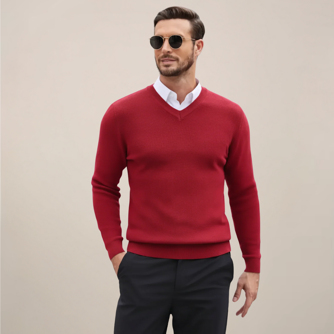 Elegant men's V-neck sweater, a timeless long sleeve knit top offering warmth and sophisticated style for fall & winter.