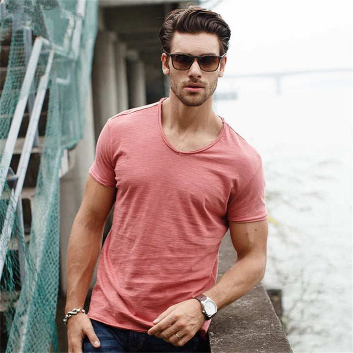 Men's classic V-neck t-shirt, slim fit casual style. Soft, breathable short sleeve tee for everyday wear.