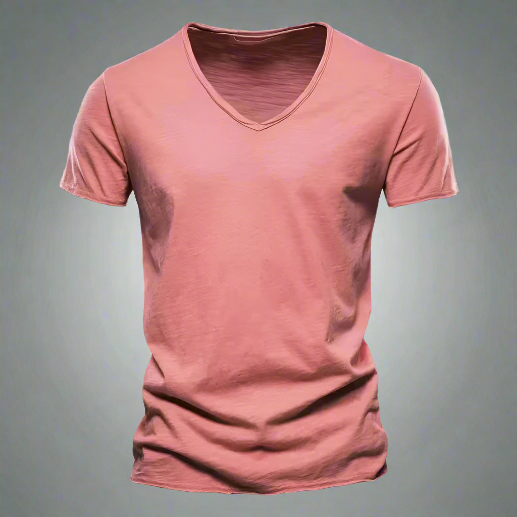 Slim fit men's V-neck t-shirt, tailored for a modern, casual look. Comfortable short sleeve top.