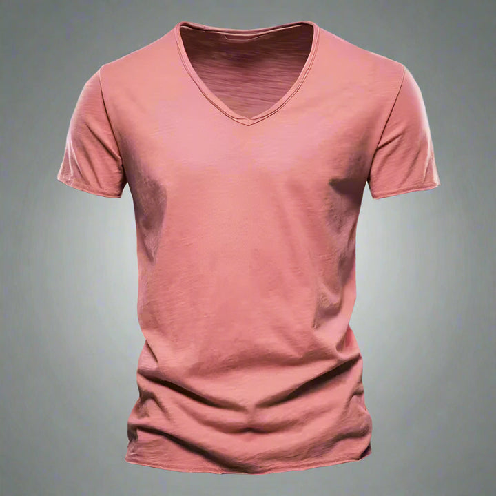Slim fit men's V-neck t-shirt, tailored for a modern, casual look. Comfortable short sleeve top.