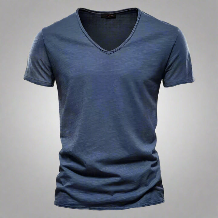 Classic style men's V-neck tee, versatile for casual wear. An essential everyday basic short sleeve shirt.