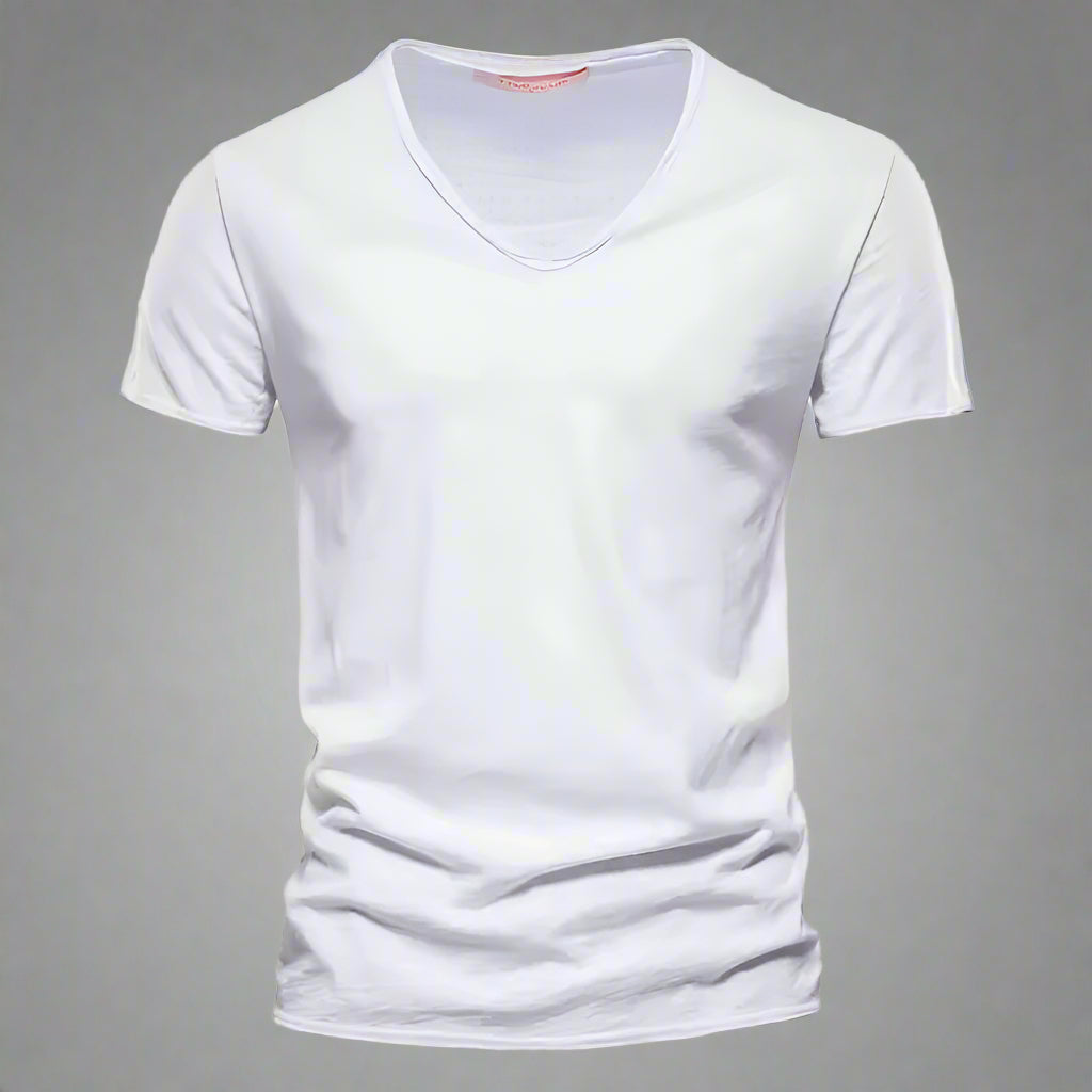 Front view of a men's classic V-neck t-shirt. Slim fit short sleeve tee, a comfortable casual basic.