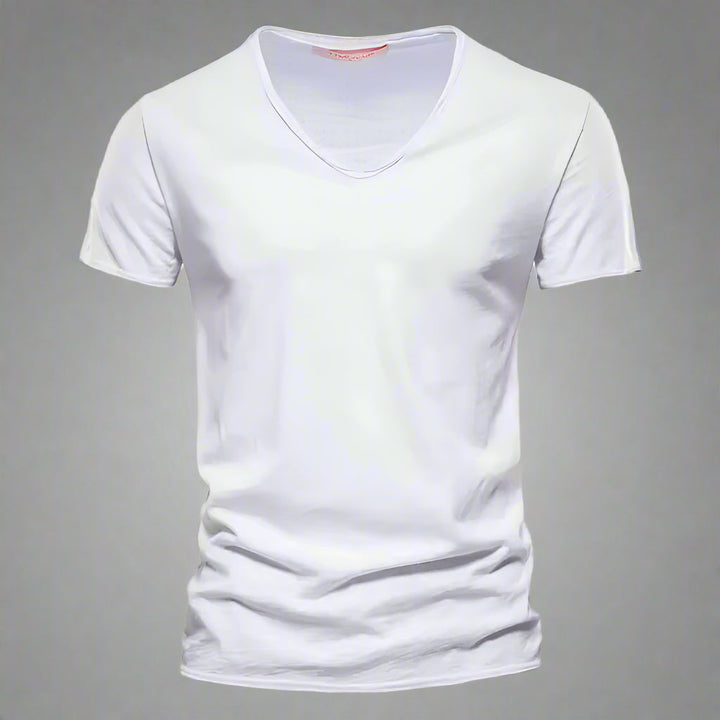 Front view of a men's classic V-neck t-shirt. Slim fit short sleeve tee, a comfortable casual basic.