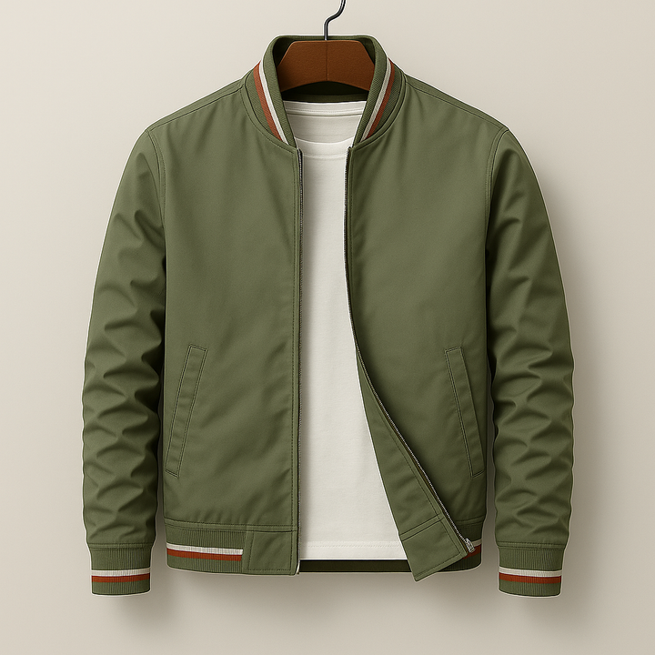 Stylish men's zip varsity jacket, a lightweight bomber ideal for comfortable casual outerwear and everyday wear.