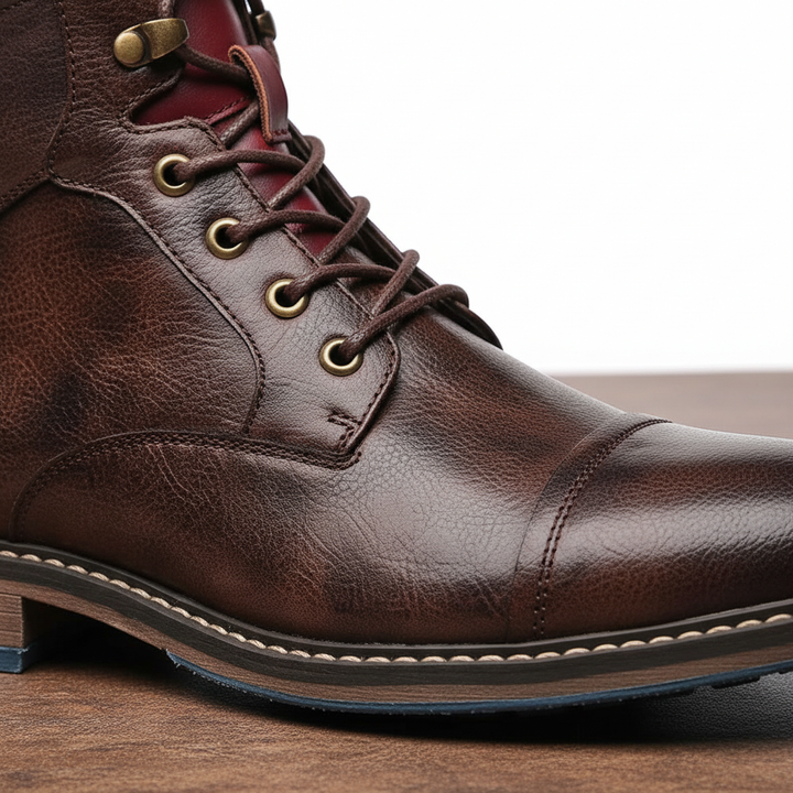 Close-up of men's black vegan leather oxford boots, showing lace detail and quality craftsmanship