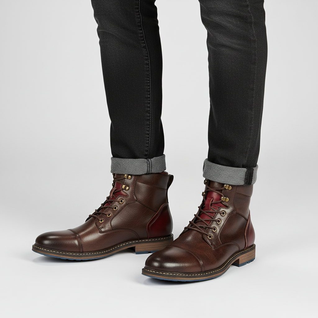 Pair of men's vegan leather oxford boots, ideal for fashion and business casual wear, comfortable