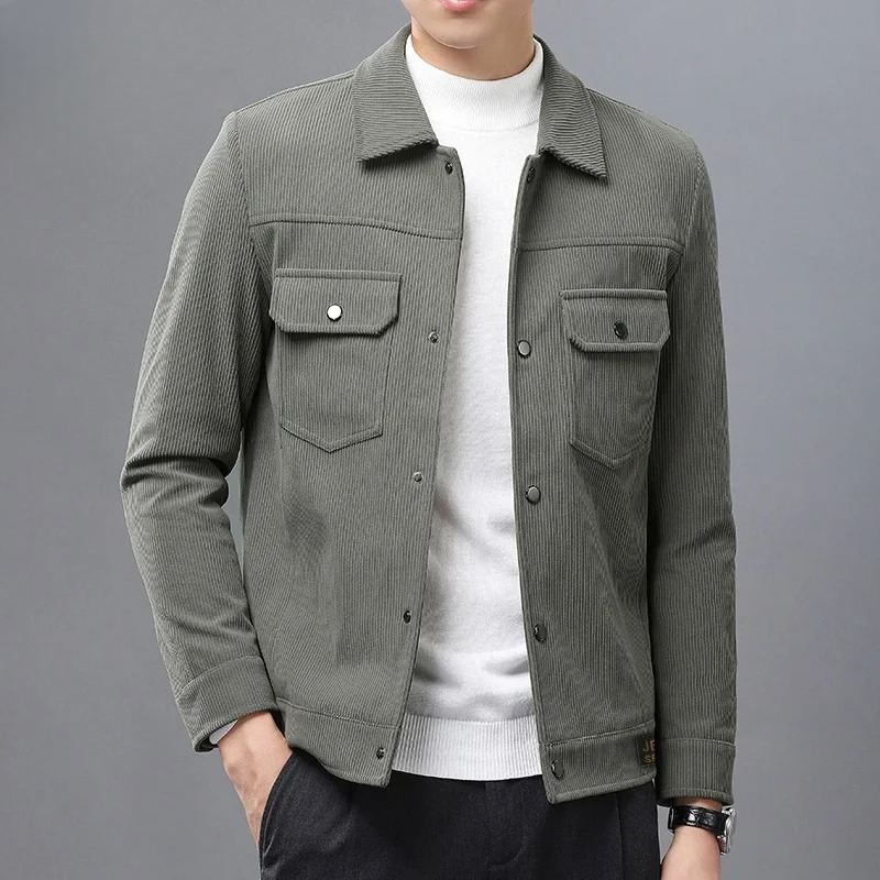 Khaki men's snap jacket, a classic and comfortable button-up outerwear for versatile everyday fashion.