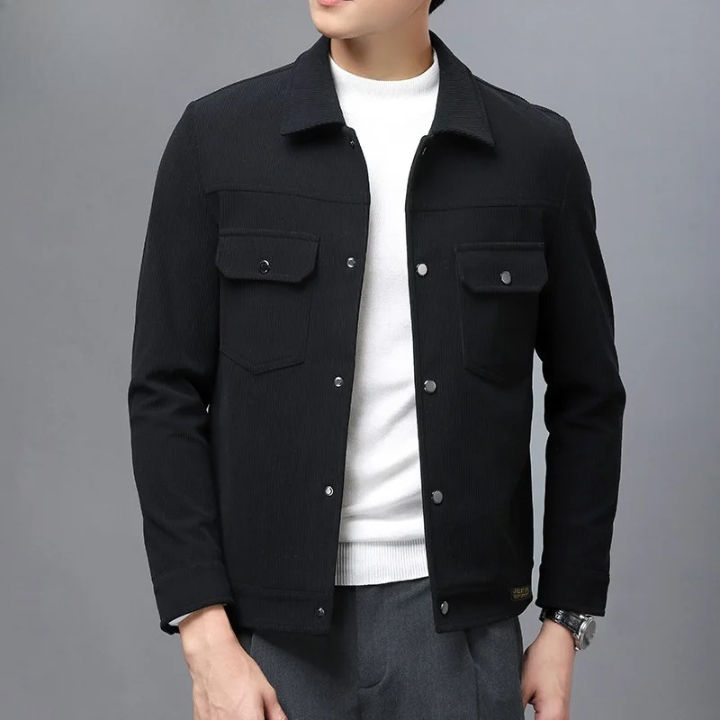Black men's snap jacket, stylish everyday outerwear. Casual button-up for a modern layered look.