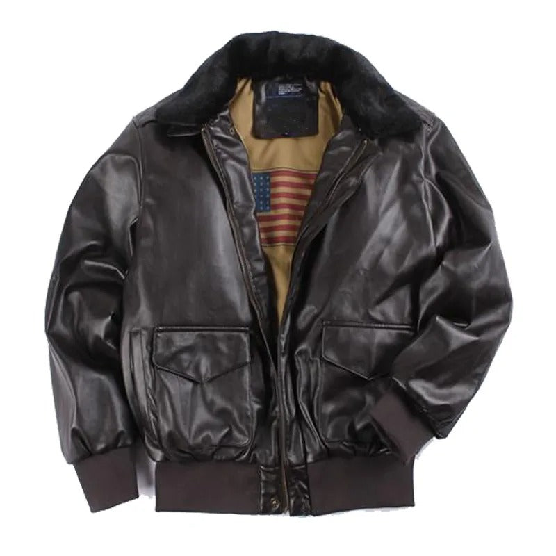 Men's classic vintage black leather motorcycle jacket, warm for winter rides. Biker style outerwear with a timeless look.