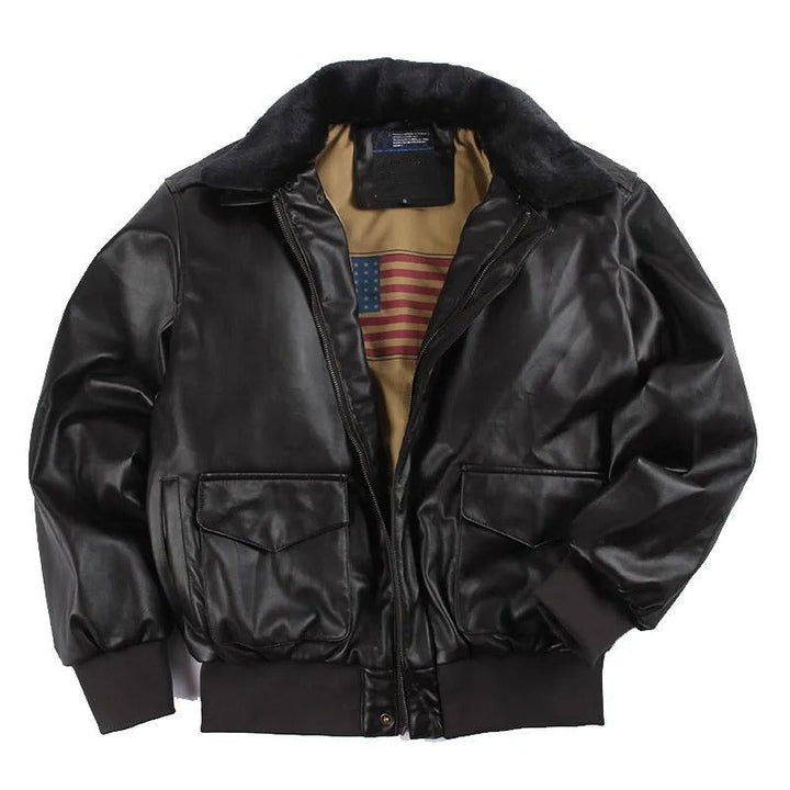 Brown leather biker jacket for men, classic vintage style. Ideal warm winter riding gear or casual outerwear.