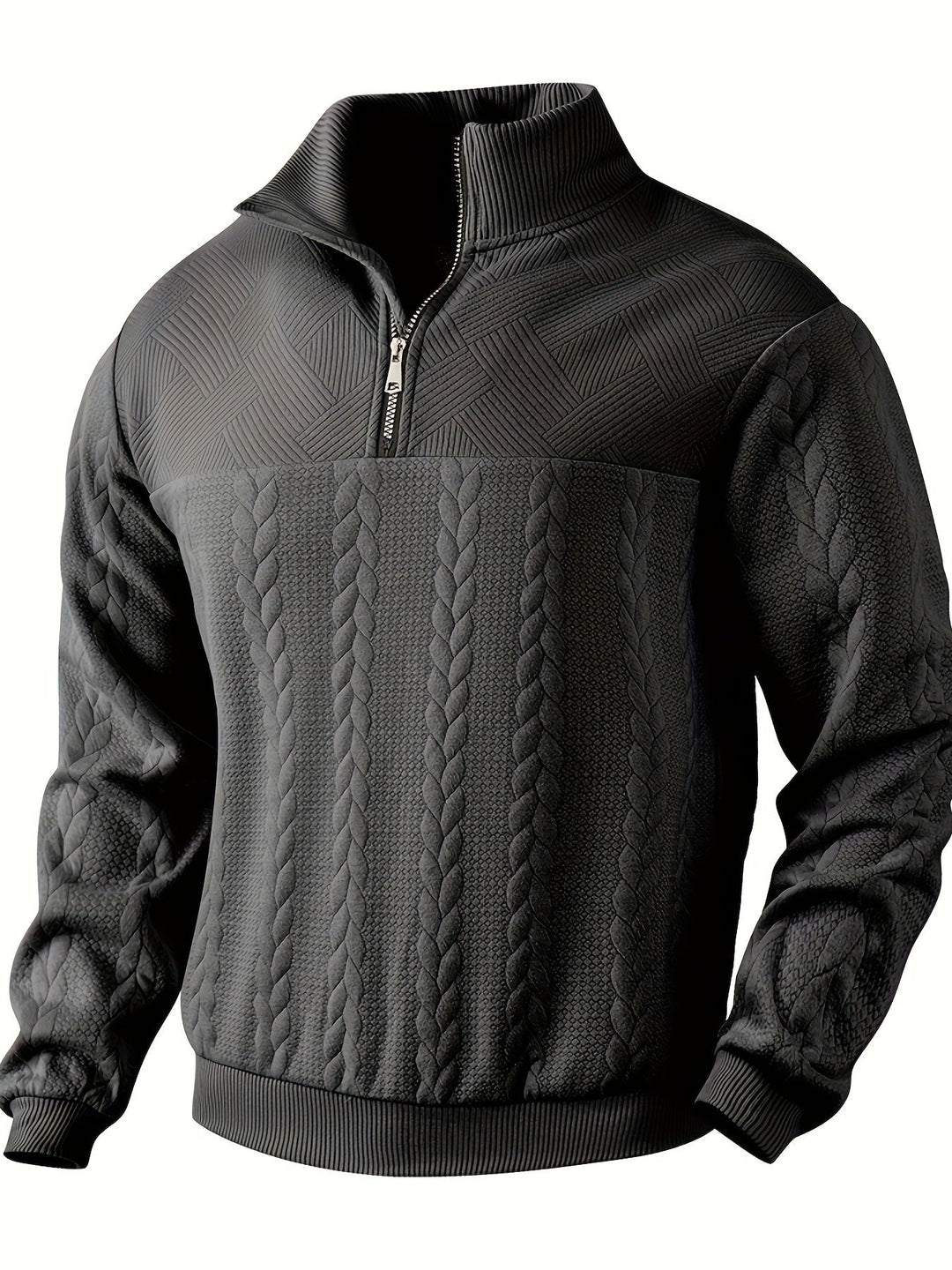 Men's vintage zip-up sweater in a winter setting. Classic knit jumper, comfortable for cold weather activities.