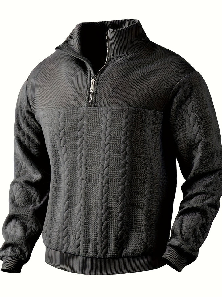 Men's vintage zip-up sweater in a winter setting. Classic knit jumper, comfortable for cold weather activities.