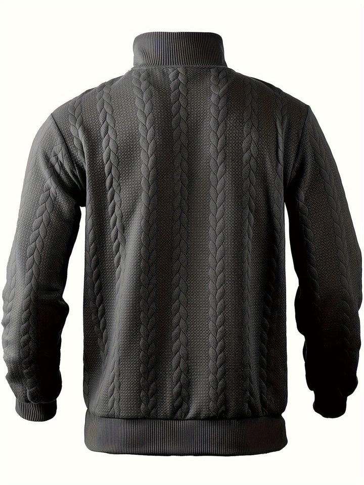 Stylish men's vintage zip-up knit sweater. Classic jumper for versatile layering in cool or cold weather.