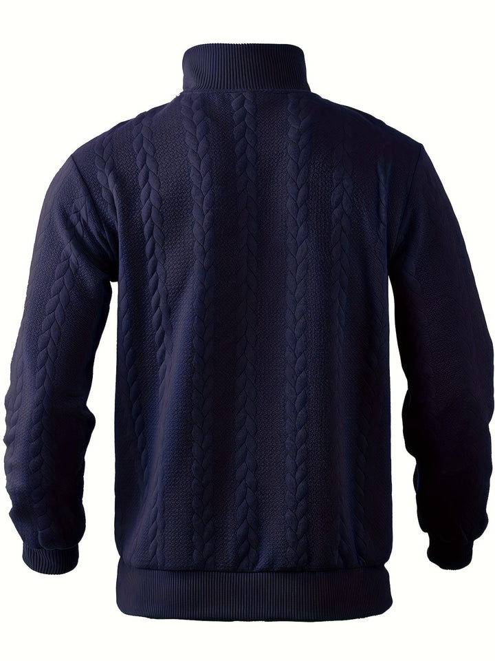 Textured men's vintage zip-up sweater. Classic knit jumper providing warmth and style in cold weather.