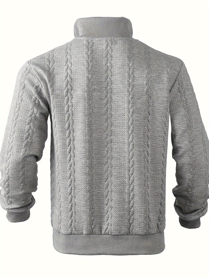 Elegant men's vintage knit zip-up sweater. Classic jumper for sophisticated casual and formal cold weather style.