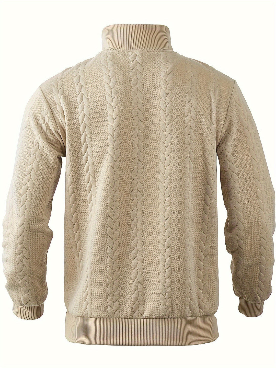 Man wearing a classic vintage zip-up sweater. Comfortable knit jumper, ideal for a smart casual look.