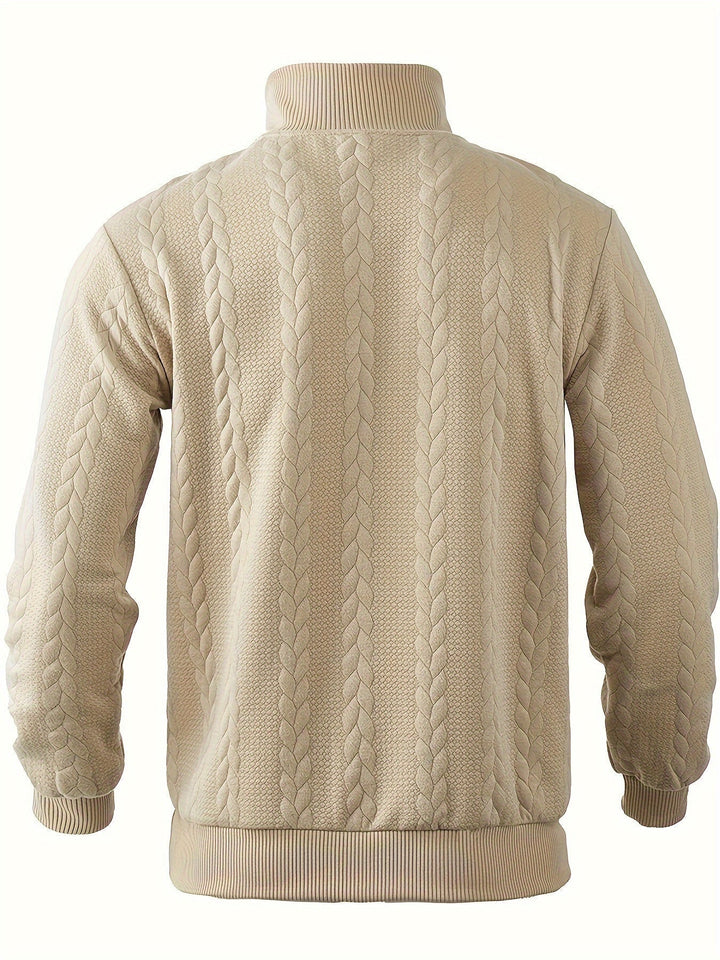 Man wearing a classic vintage zip-up sweater. Comfortable knit jumper, ideal for a smart casual look.