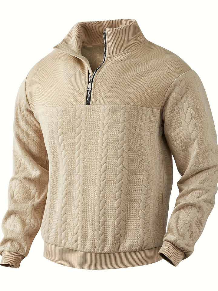 Folded men's classic vintage zip-up sweater. A warm knit jumper, essential for cold weather style.