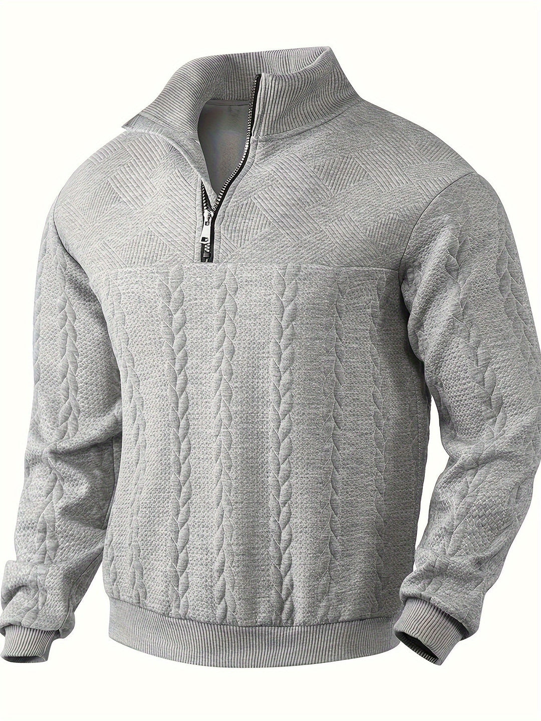Back view of a men's classic vintage zip-up sweater. Knit jumper offering warmth and style in cold weather.