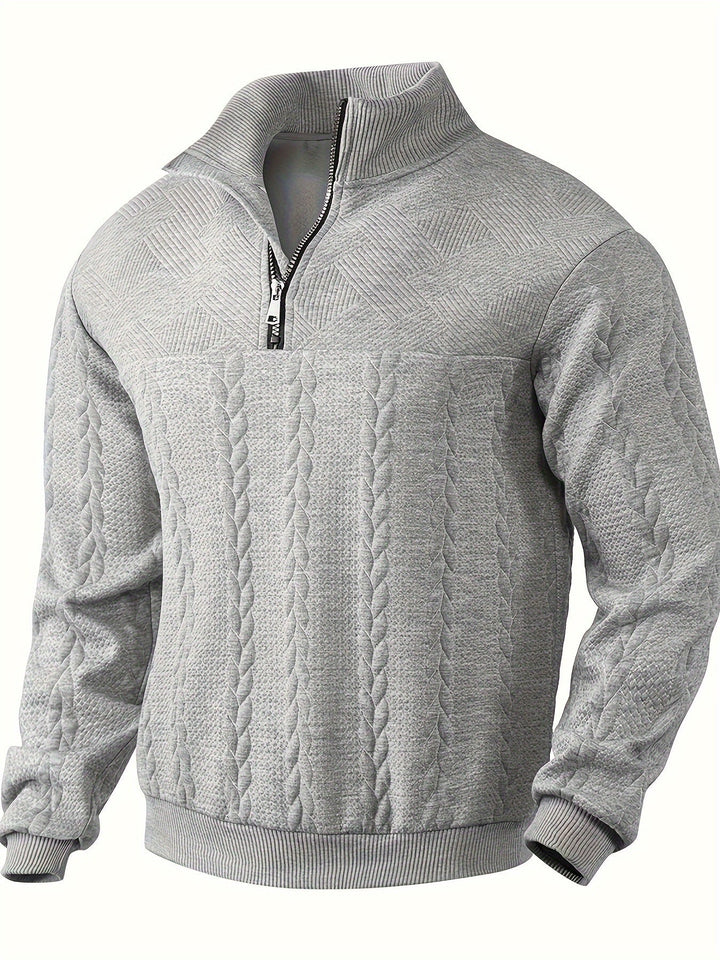 Back view of a men's classic vintage zip-up sweater. Knit jumper offering warmth and style in cold weather.