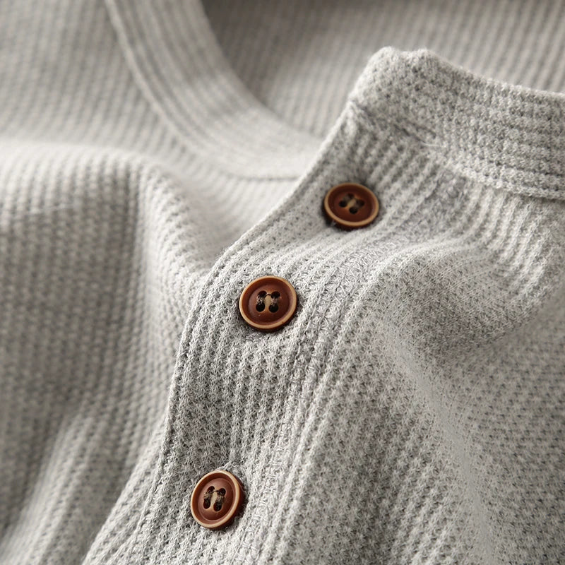 Versatile men's waffle knit long sleeve top, ideal for casual outfits and daily wear.