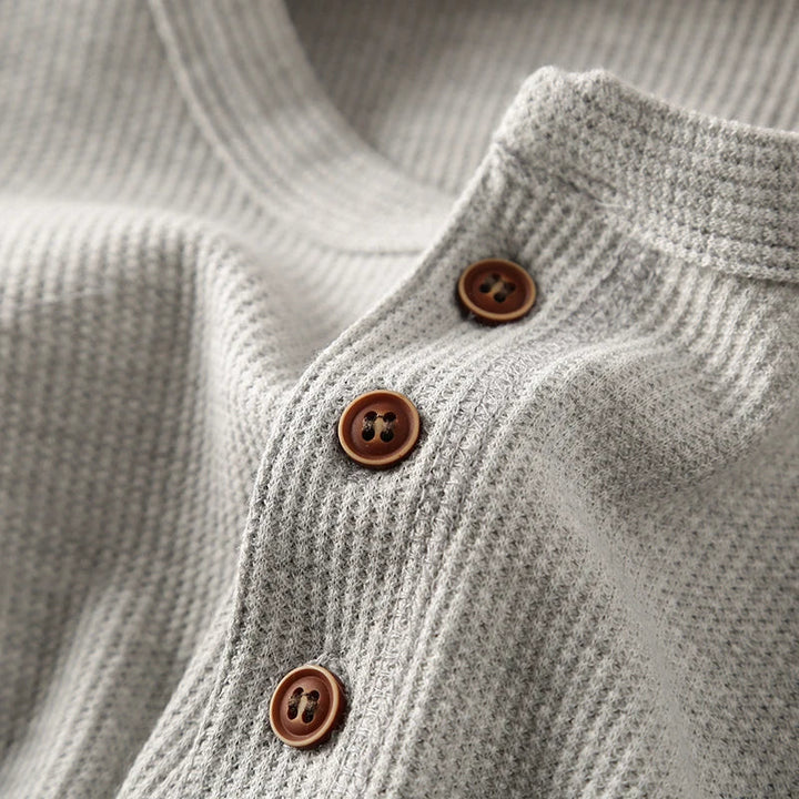 Versatile men's waffle knit long sleeve top, ideal for casual outfits and daily wear.