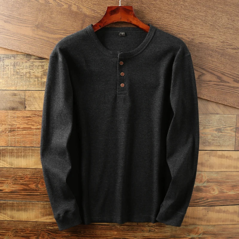 Durable men's waffle knit long sleeve top, an essential everyday comfort piece for any man.