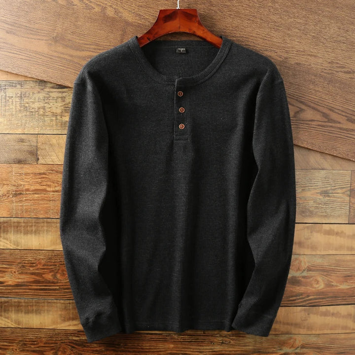 Durable men's waffle knit long sleeve top, an essential everyday comfort piece for any man.