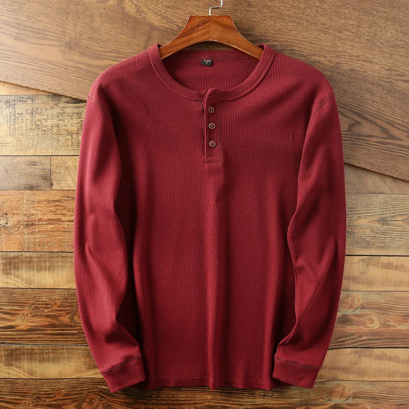 Textured waffle knit long sleeve shirt for men, offering warmth, comfort, and a classic look.