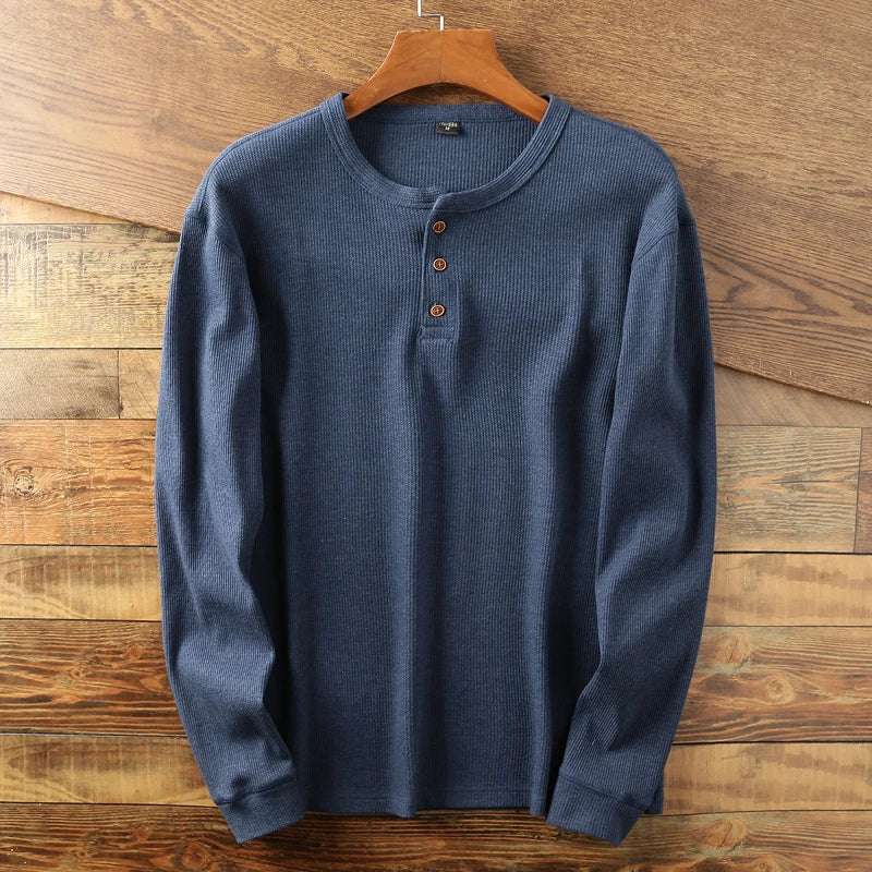Essential men's casual long sleeve shirt with a classic waffle knit design for daily wear.
