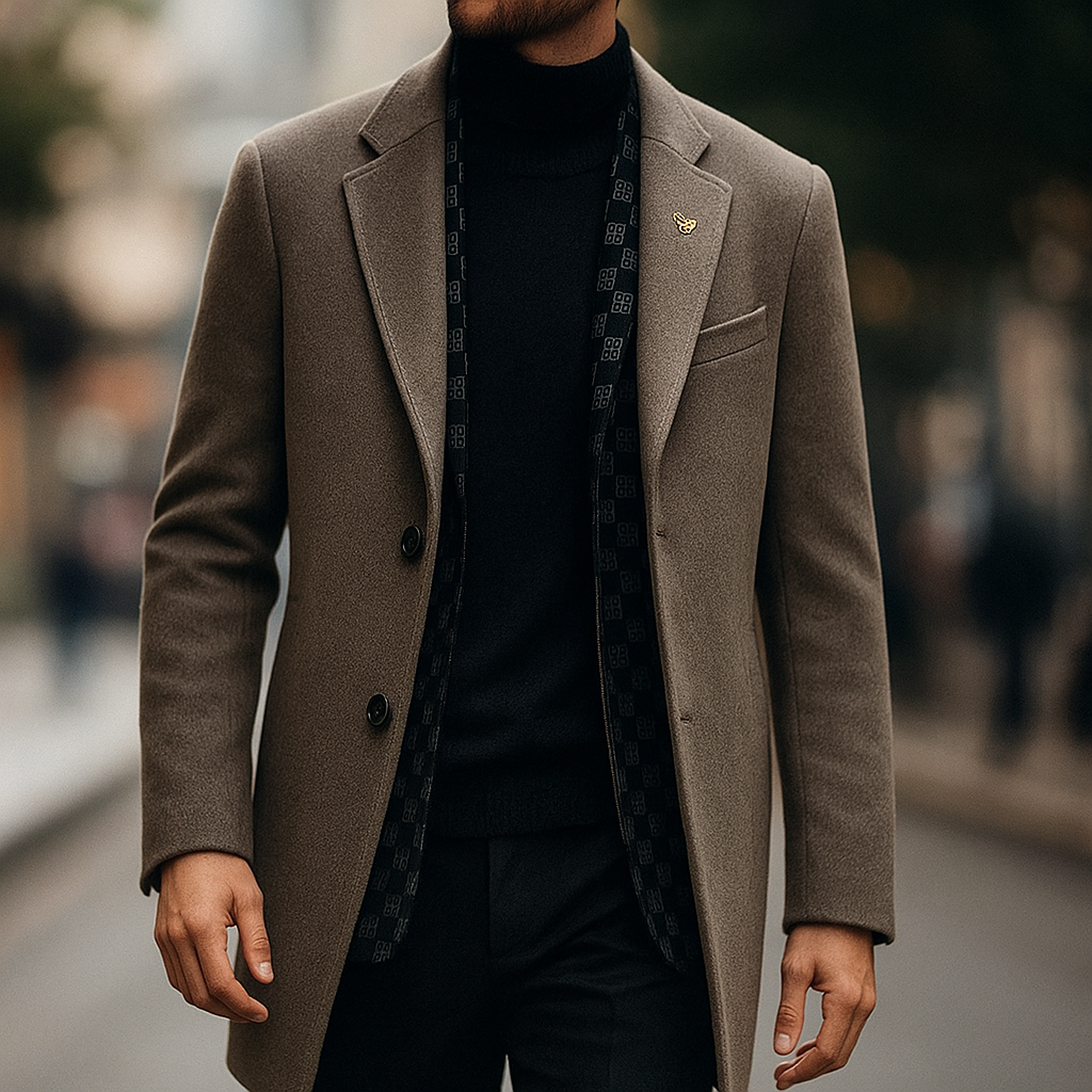 Men's classic warm winter coat with notched lapel. Stylish long-sleeve outerwear for cold weather fall fashion.