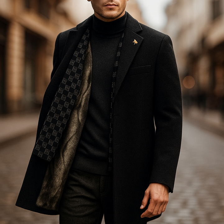 Versatile men's winter coat featuring a classic notched lapel. Warm, structured outerwear for cold weather style.
