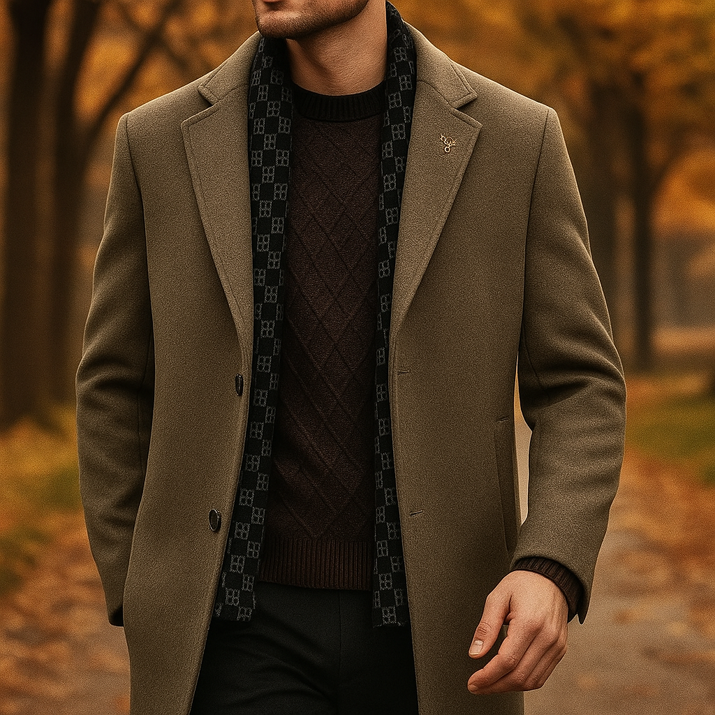 Structured men's warm winter coat. Long-sleeve outerwear with a notched lapel, ideal for fall and cold weather.