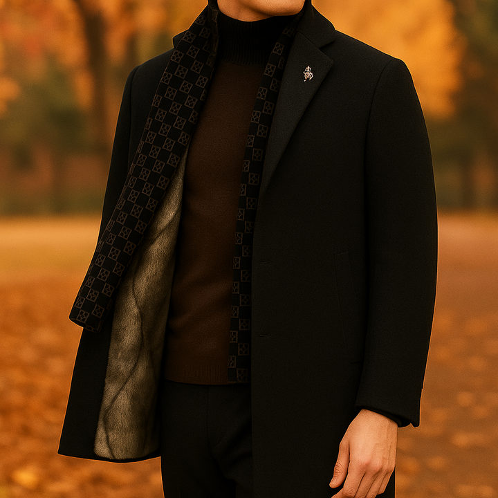 Comfortable men's warm winter coat. Classic, stylish outerwear with a notched lapel for elegant cold weather fashion.