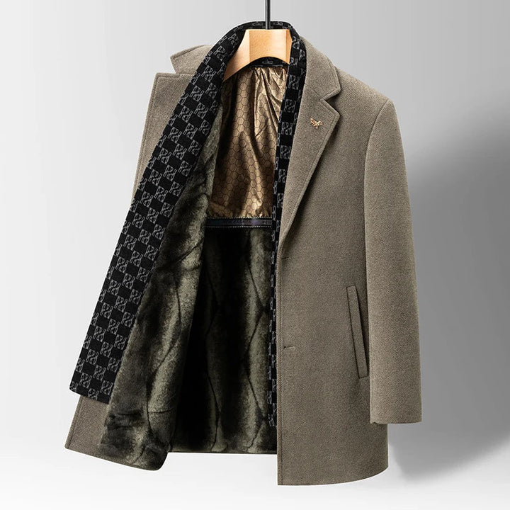 Warm men's winter coat, a classic structured outerwear. Features a stylish notched lapel for cold weather versatility.